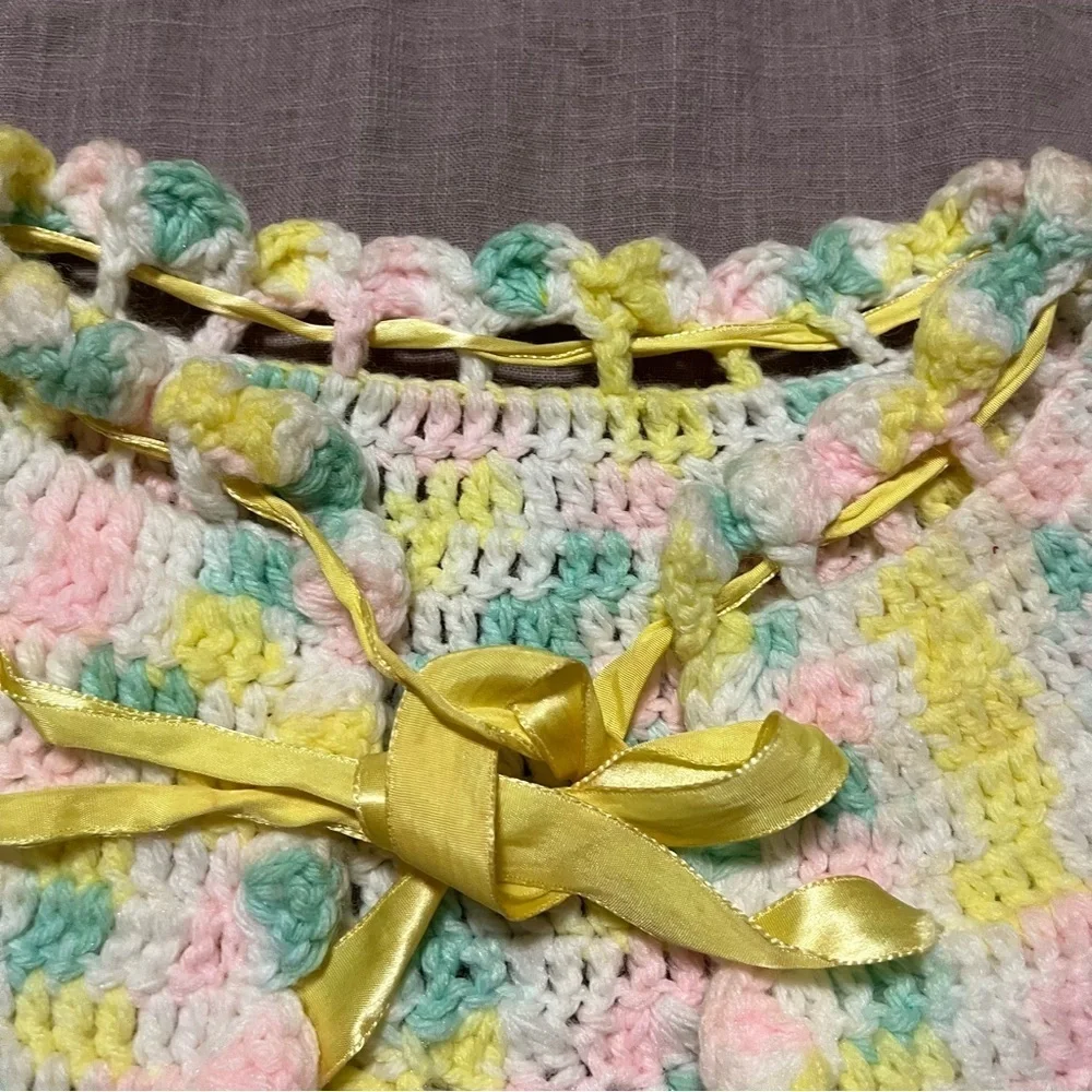 Vintage Handmade Colorful Crochet Knit Kids Jacket Fits Sizes 2+ Adjustable Bow